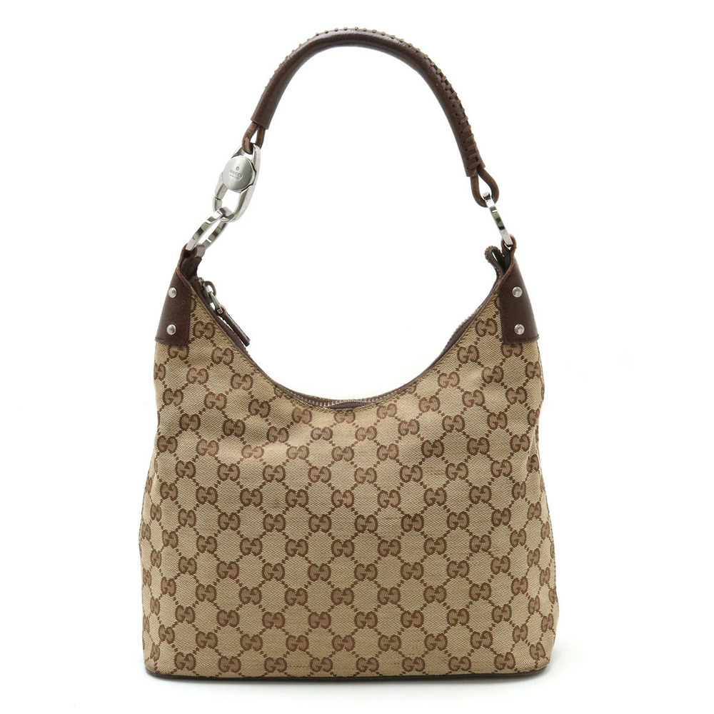 Gucci GG Canvas Shoulder Bag Hobo Leather Beige Cream Dark Brown